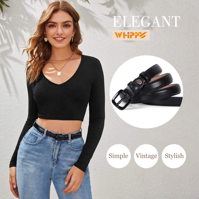 WHIPPY Women Skinny Leather Belt Thin Waist Jeans Belt for Pants in Pin Buckle Belt, Black, Pants Size 36-41 inches - Image 4